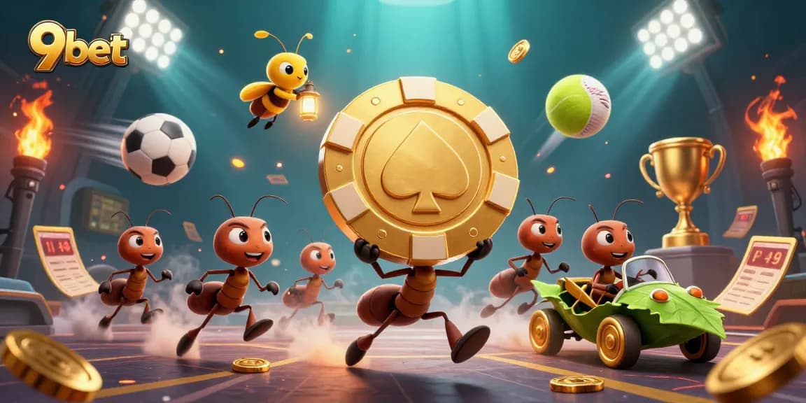 Engage with 9bet's dynamic heist scene featuring cartoon ants and vibrant sports elements