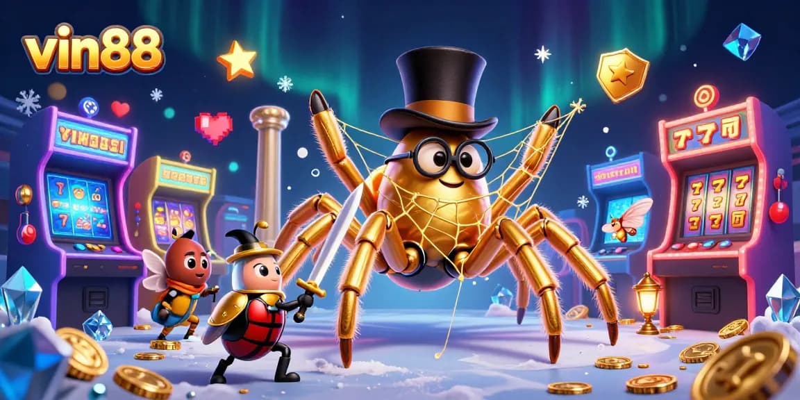 Experience excitement at vin88 with a vibrant scene of a golden tarantula, beetle knight, and casino elements.