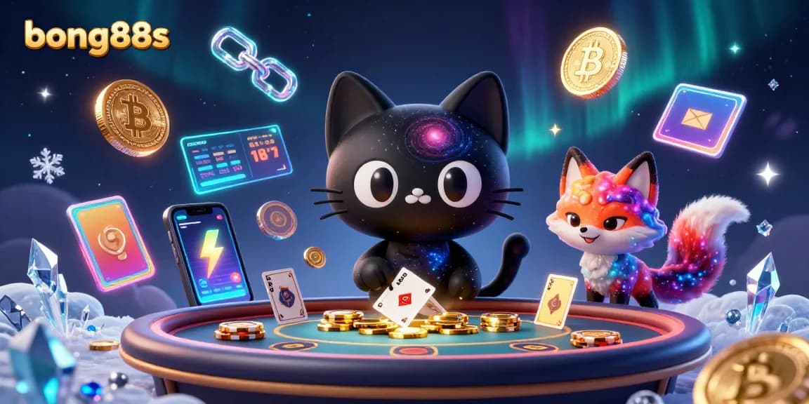 Bong88s casino illustration showing a black hole cat and nebula fox amidst Bitcoin coins and cosmic effects.