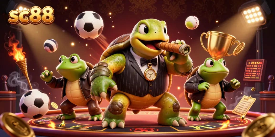 Engage with sc88 in this vibrant casino-themed scene featuring a mobster turtle and bullfrog enforcers.