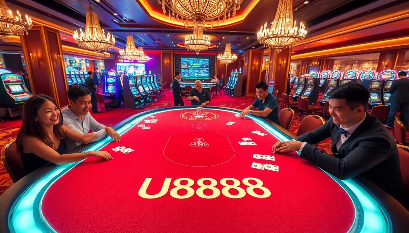 Experience the excitement of U888 casino gaming with vibrant tables, rich colors, and engaged players.