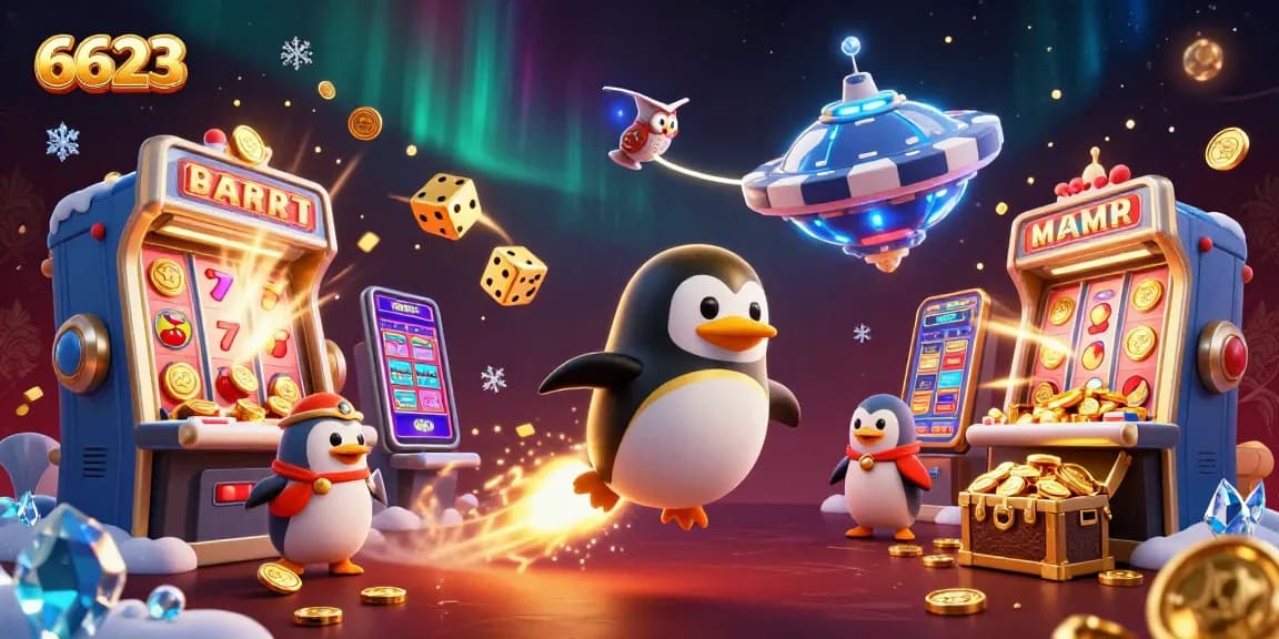 Experience exciting wins with 6623 in this vibrant casino-themed 3D illustration featuring various jackpots.