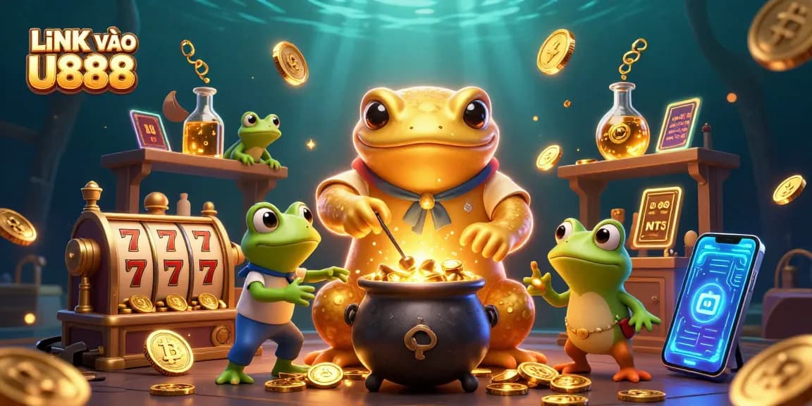 Engage with LINK VÀO U888 and experience thrilling casino gameplay in a vibrant, 3D illustrated scene.