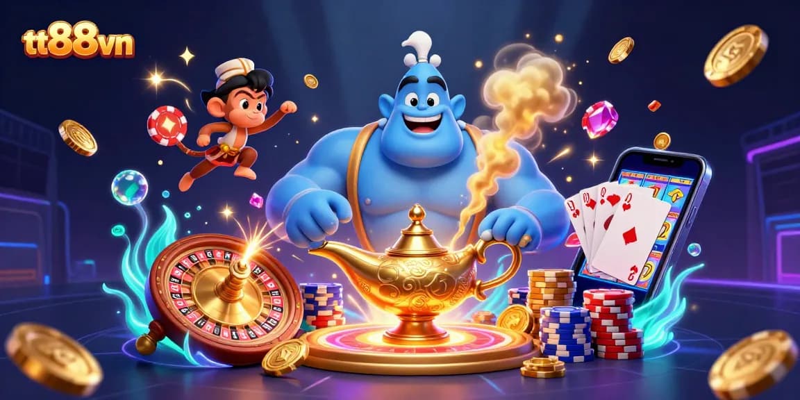 Engage with tt88vn's vibrant online casino atmosphere featuring a magical genie and wealth!