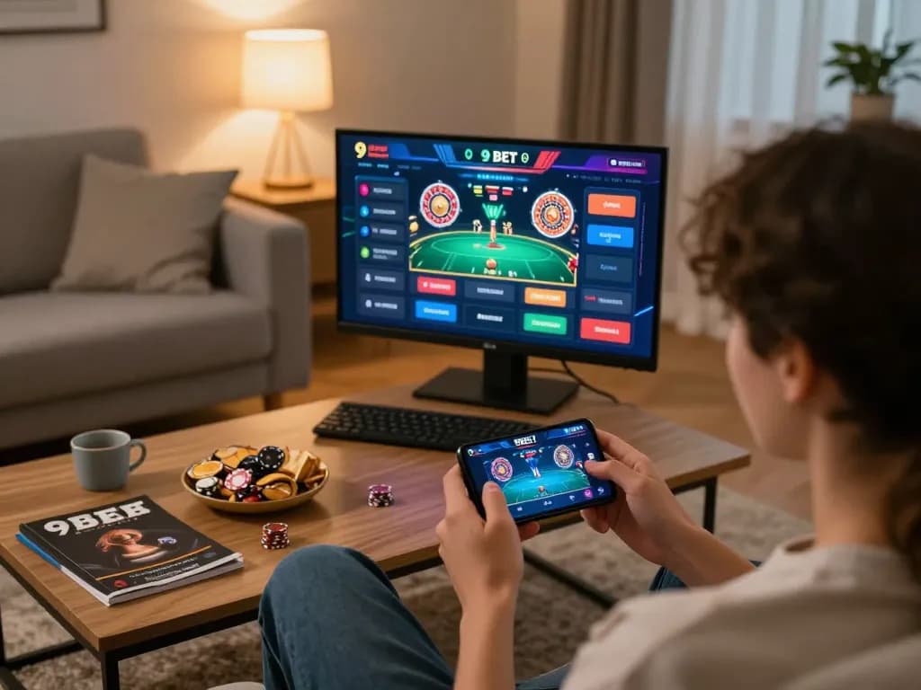 Player engaging with the 9 bet app on smartphone, showcasing vibrant home gaming atmosphere.