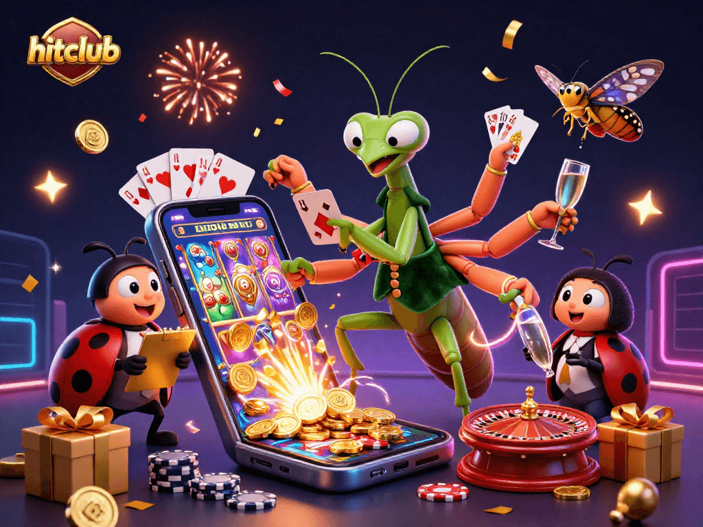 Join the excitement at hitclub with a lively casino scene featuring unique characters and vibrant game elements.