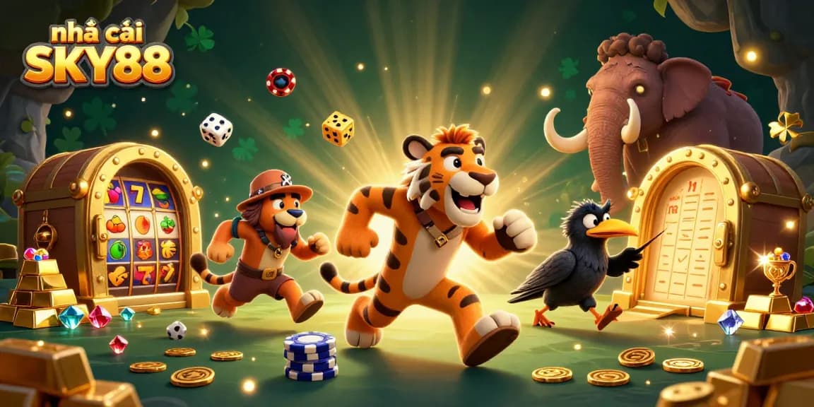 Engage with gaming excitement at nhà cái SKY88 in a vibrant casino scene with a dynamic treasure display.