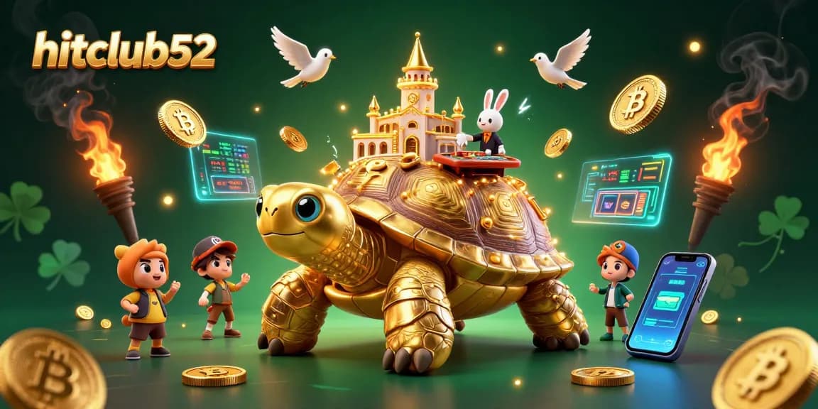 Hitclub52 showcases an exciting 3D casino scene with a golden tortoise and rabbit dealer.