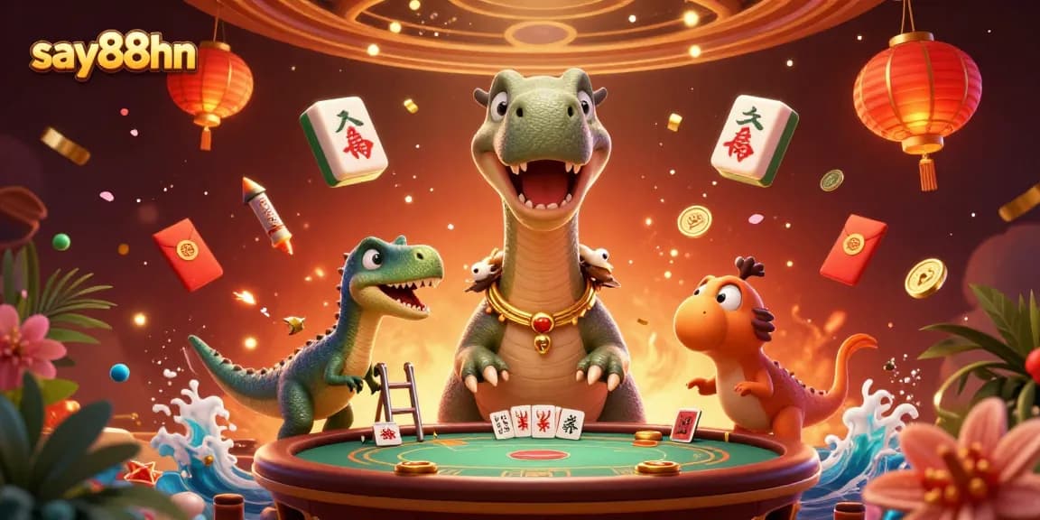 SAY88HN showcases an exciting 3D casino scene with dynamic characters and floating game elements.