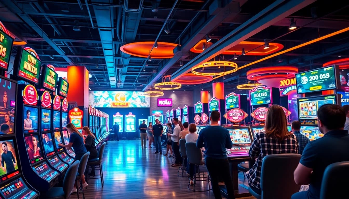 NOHU gaming environment with diverse players enjoying slots and poker in a vibrant casino atmosphere.