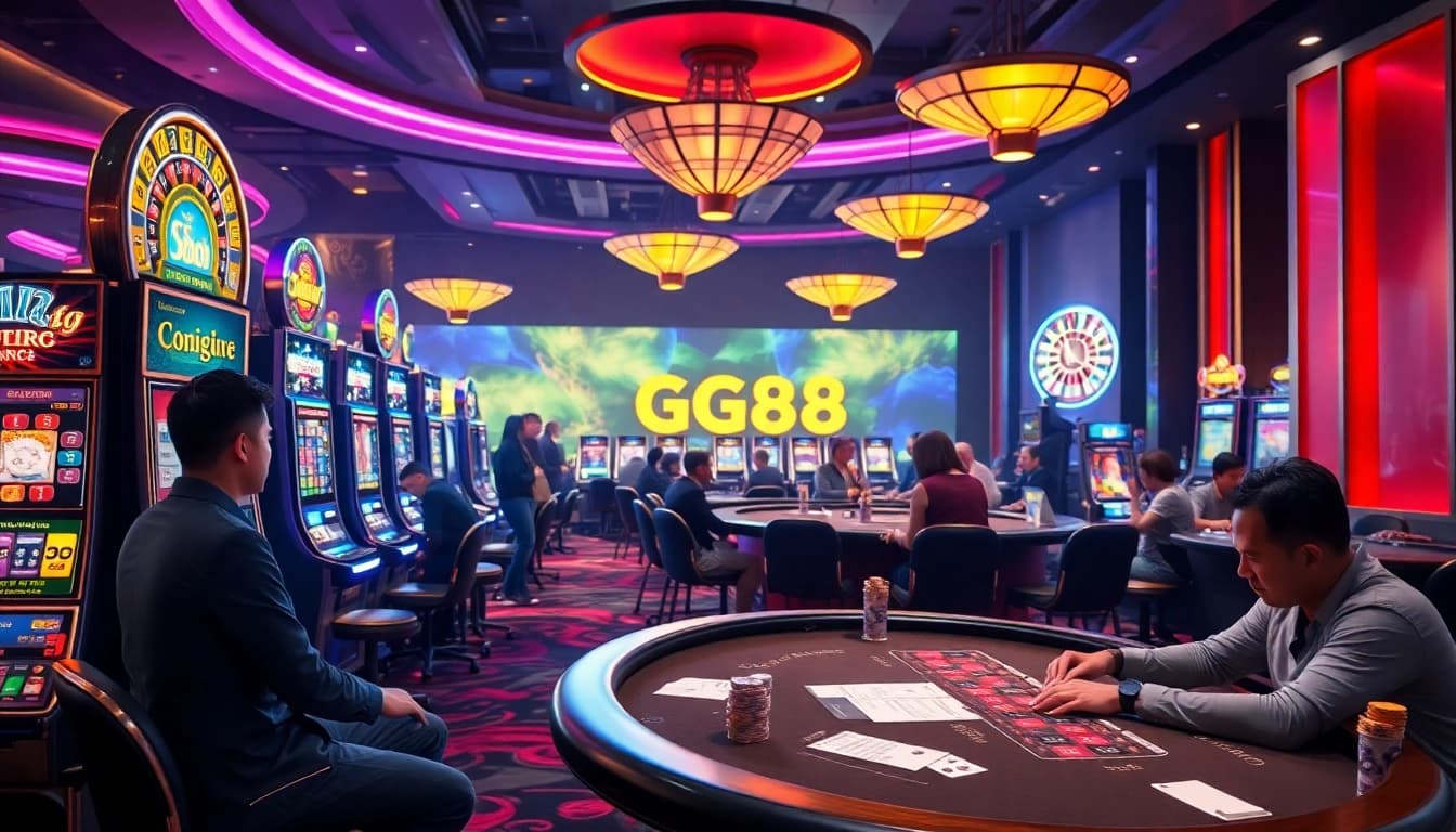 Players engaging in high-stakes poker at GG88's vibrant casino, showcasing excitement and strategy.