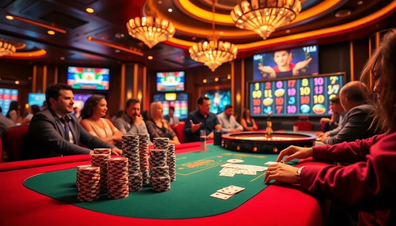 Experience thrilling gameplay at 8kbet with vibrant casino tables and excited players enjoying poker.