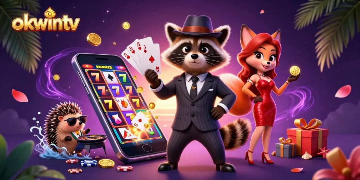 Engage with okwintv, featuring a suave raccoon and friends enjoying vibrant casino activities.