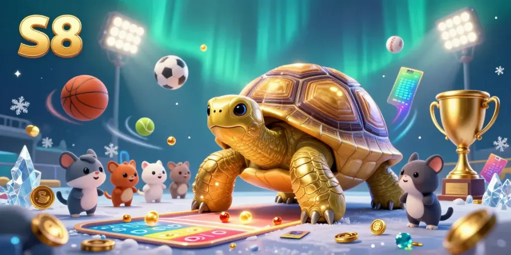 Experience the vibrant S8 casino world with engaging games and dynamic elements in a fun 3D illustration.