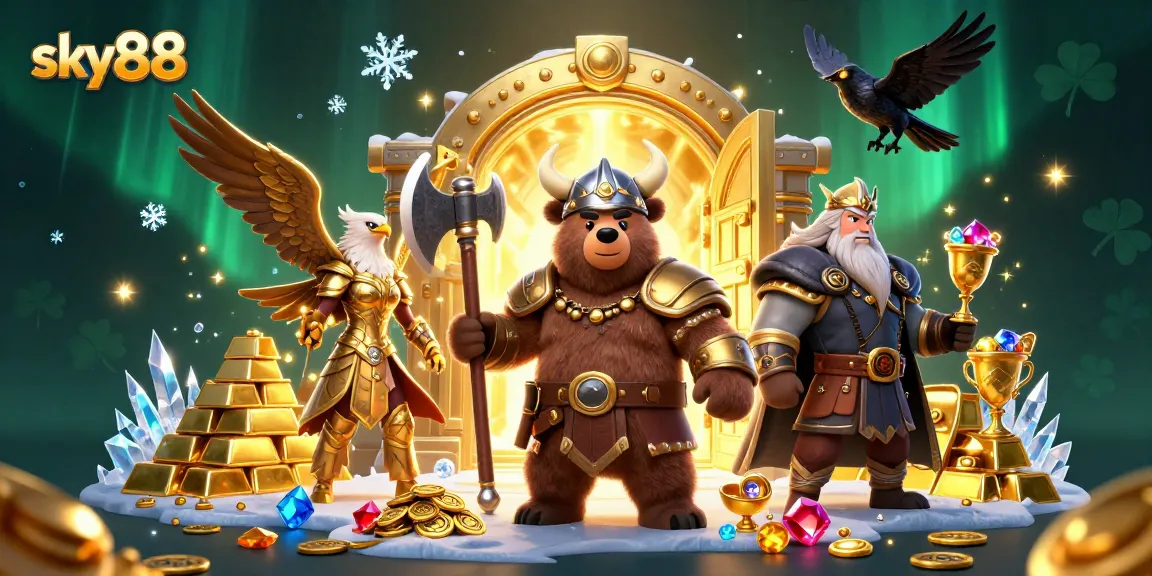 Engage with sky88 at this vibrant casino scene featuring a Viking bear, Valkyrie eagle, and rich treasures.