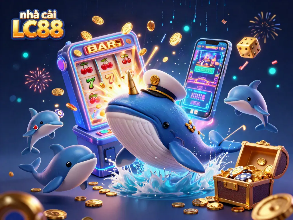Experience excitement at nhà cái LC88 with a colorful casino scene featuring playful dolphins and treasure!
