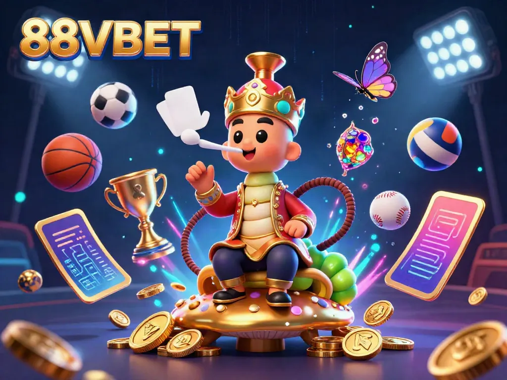 Experience the excitement of 88VBET with this vibrant casino-themed illustration featuring dynamic sports elements and unique characters.