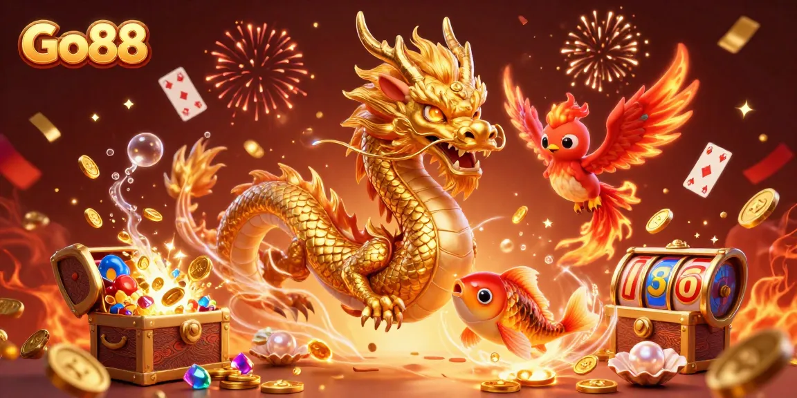 Celebrate the thrill of gaming at Go88 with a vibrant, dynamic casino scene featuring rich symbols and mystical creatures.
