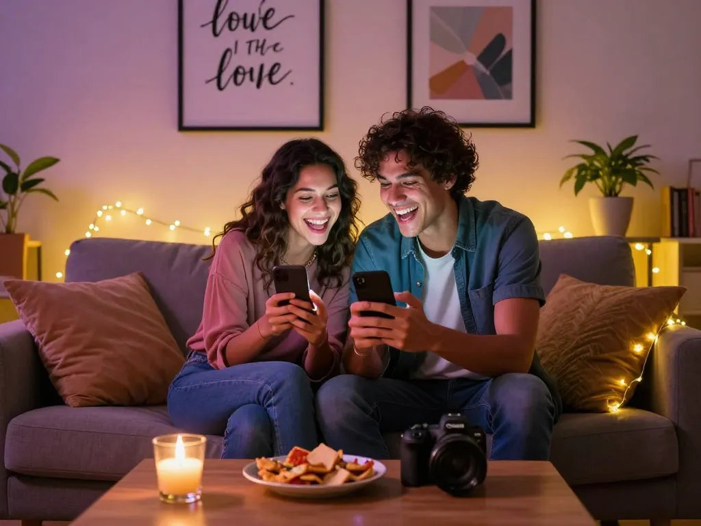 Sexting AI interaction in a romantic living room with playful couple engaging on smartphones.