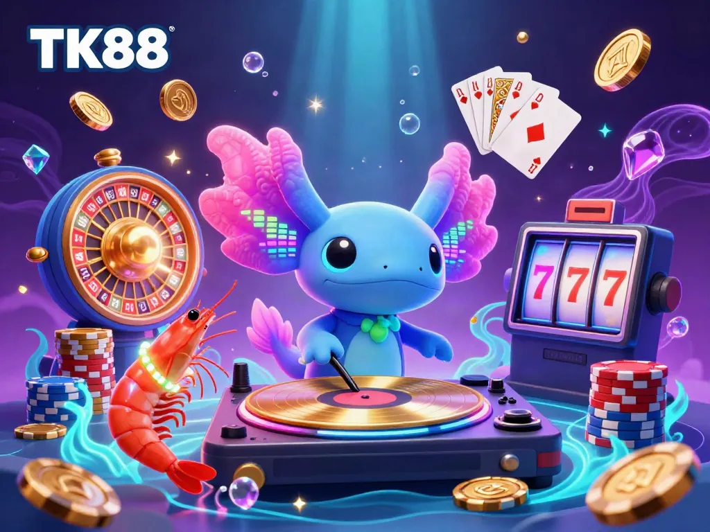Engage with TK88's vibrant underwater casino scene featuring dancing axolotl DJ and shimmering treasures.
