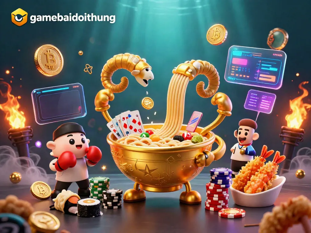 Engage with gamebaidoithuong's vibrant 3D casino scene featuring cartoon characters and crypto elements.