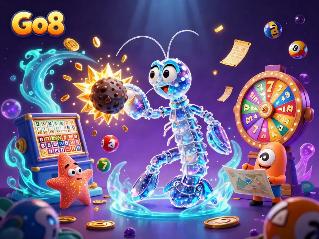 Go8 engaging in thrilling slots amidst cosmic gems and joyous casino elements in vibrant 3D illustration