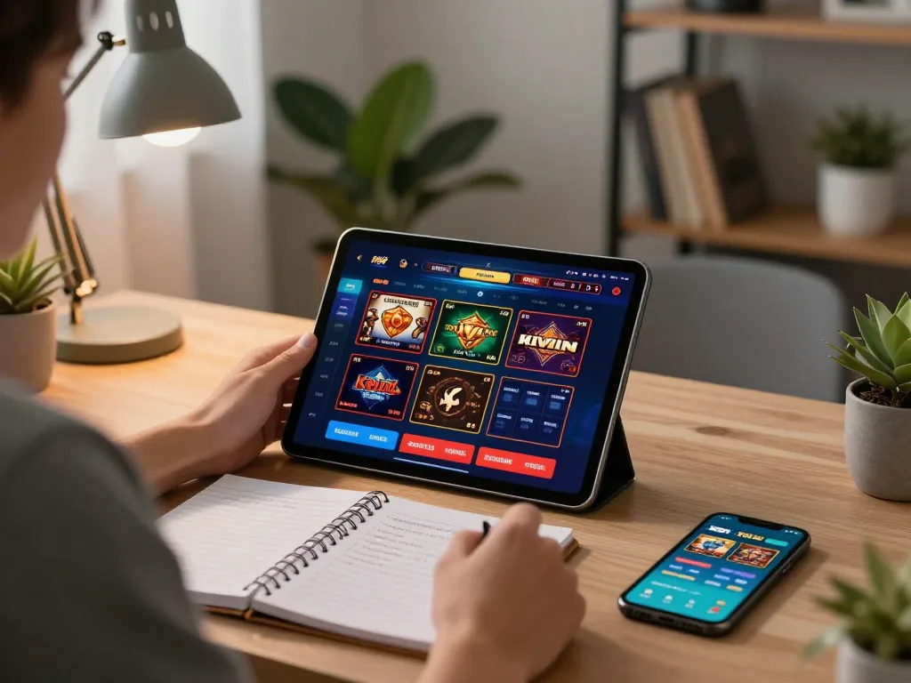 Engaged player using tablet for online gambling at Kwin, showcasing mobile gaming strategies.