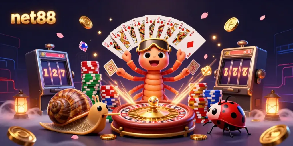 Experience net88's thrilling casino atmosphere with a dynamic dealer and exciting game elements.