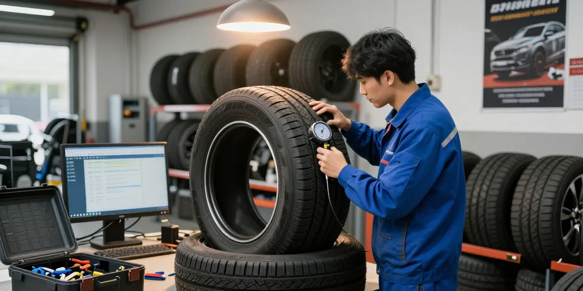 Automotive technician evaluating Double Coin RR99 tire in a professional service center.