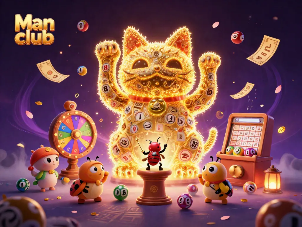 Engage in the exciting world of Man club with a vibrant illustration of a lucky cat and casino symbols.