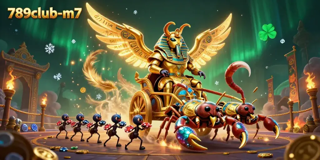 Experience thrilling action at 789club-m7 casino with a vibrant scene of golden characters and gaming elements.
