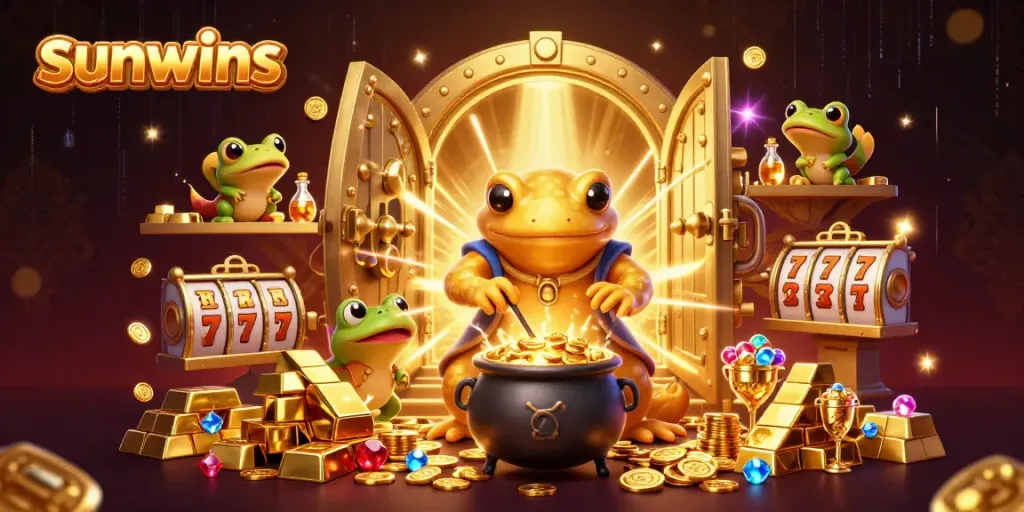 Experience winning gold at sunwins casino, with a golden salamander alchemist crafting coins in a vibrant 3D scene.