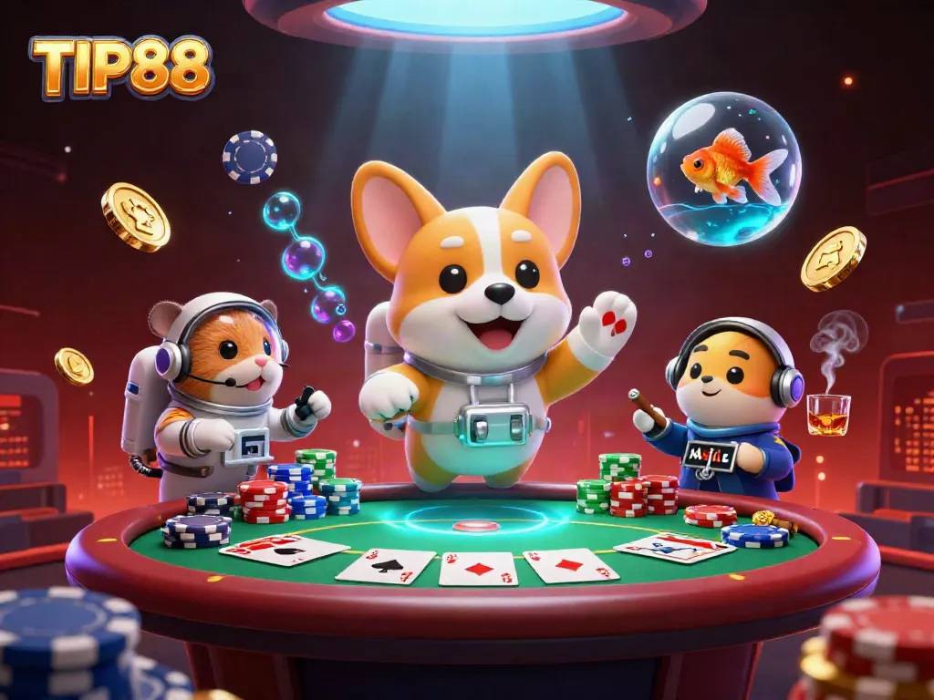 Experience exciting gambling action at TIP88 with a playful corgi and friends in an immersive 3D casino.