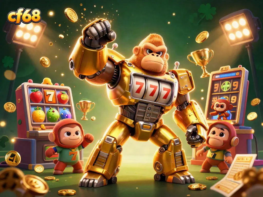 Win big with cf68: 3D golden gorilla mech bursting with slot features and jackpot excitement.