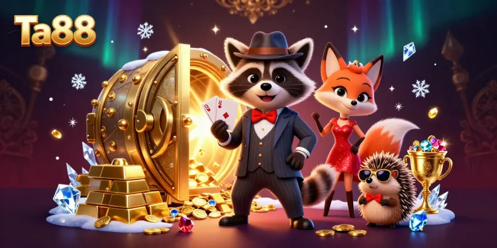 Experience winning at Ta88 with a charming raccoon, fox, and hedgehog amidst treasure and casino vibes.