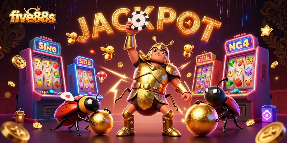 Experience excitement at five88s with a heroic beetle championing jackpot triumph in a glowing casino.