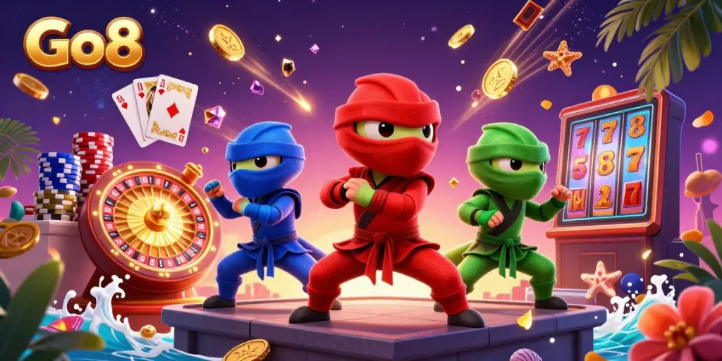 Experience the thrill of Go8 with ninja chameleons amidst flying coins and 3D gaming elements.