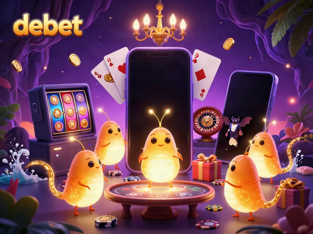 Experience exciting gaming action at Debet's vibrant cave casino, lit by bioluminescent glowworms.