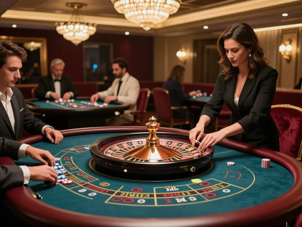 Experience the thrill of roulette at 79club with players placing bets in a luxurious casino setting.