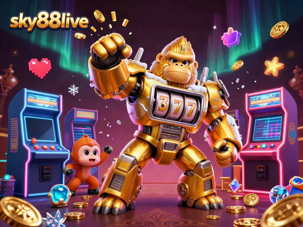 Sky88live showcases a dynamic golden gorilla mech in a casino-themed scene bursting with excitement and colorful arcade elements.