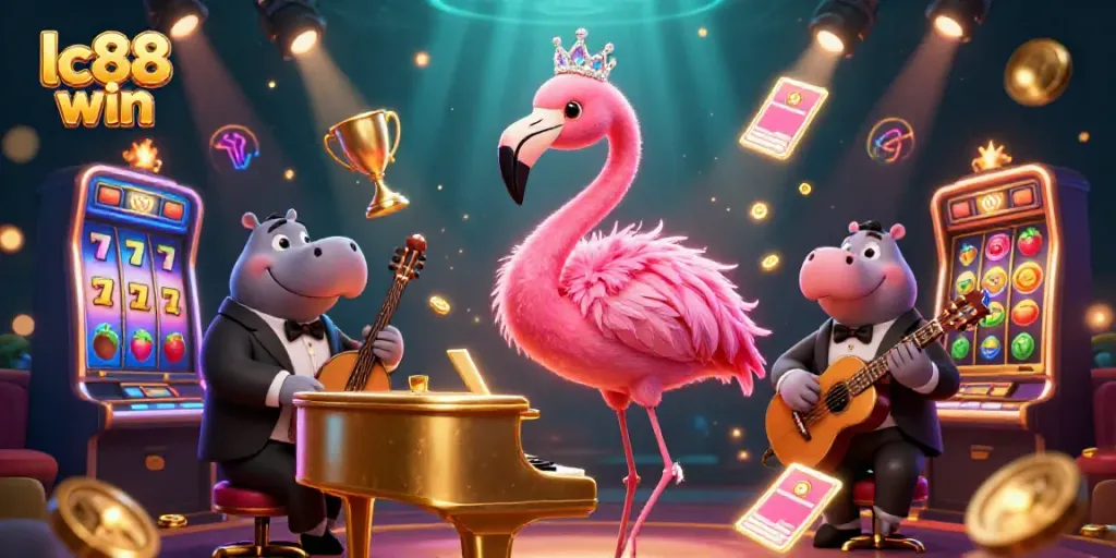 Experience winning thrills with lc88 win in a lively 3D casino scene featuring dynamic characters and slot elements.