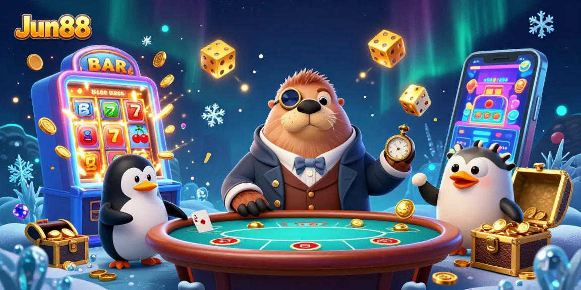 Experience thrilling wins at Jun88 with underwater poker featuring a jolly walrus and a bluffing pufferfish.