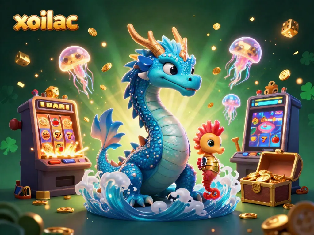 Xoilac's vibrant casino scene with a dragon, seahorse knight, and jackpot elements.