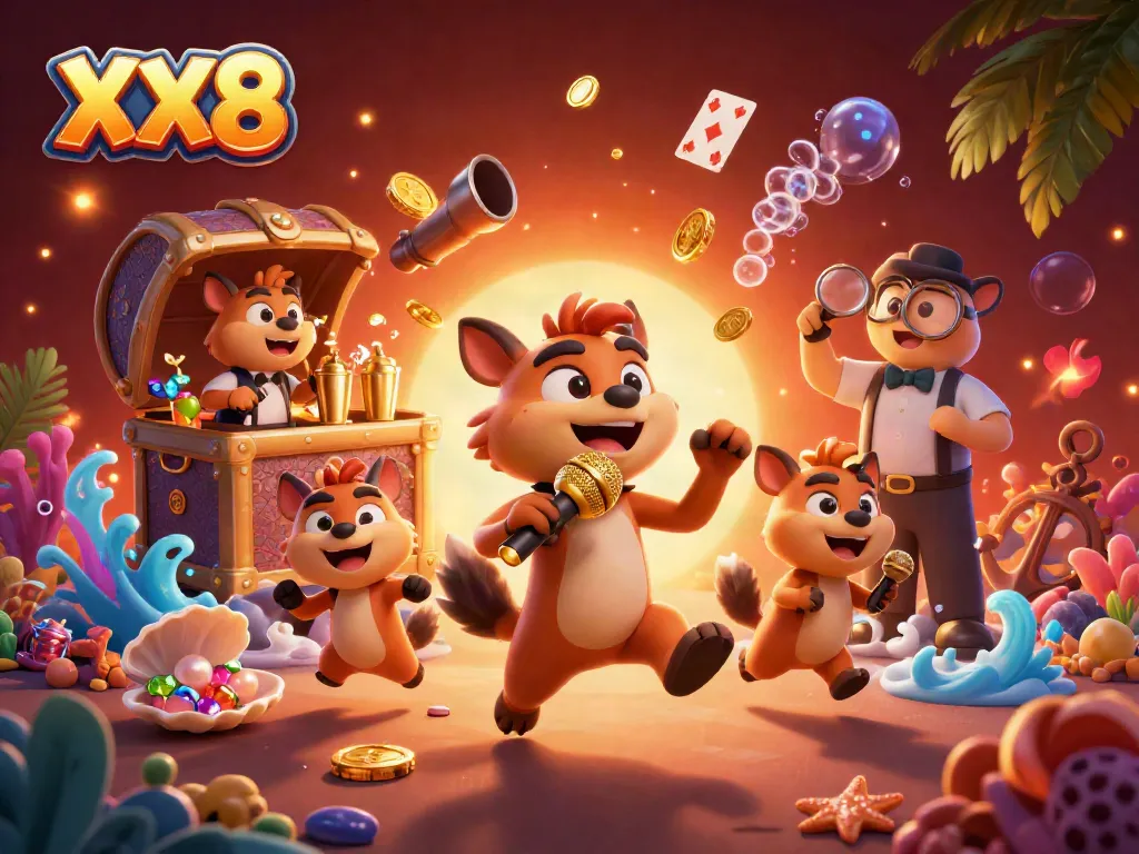 Experience the lively XX8 comedy casino club scene with hyena characters engaged in gaming activities.