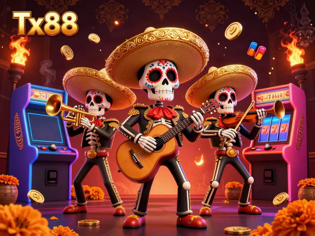 Experience the lively scene at Tx88 with vibrant mariachi skeletons performing in a casino setting.