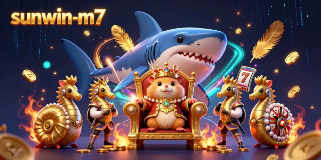 Experience thrilling action at sunwin-m7 with a vibrant casino scene featuring a courageous hamster king on a megalodon throne.