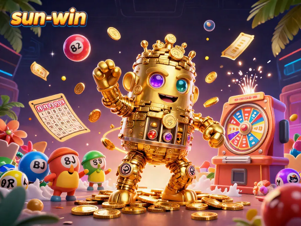 Experience thrilling gameplay with sun-win in this vibrant casino scene filled with glowing golems and lottery excitement.