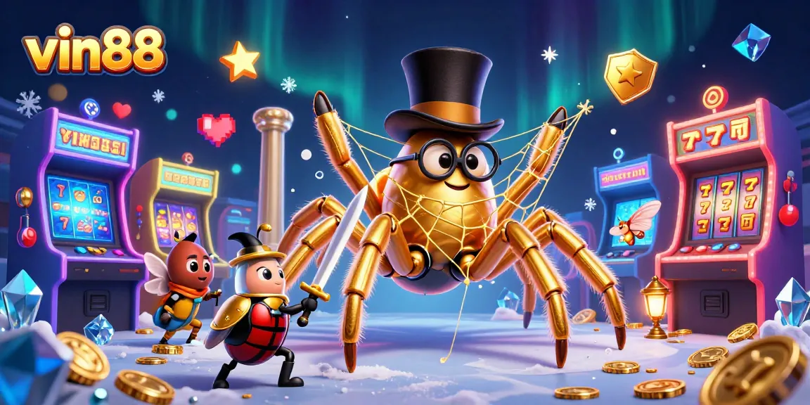 Experience excitement at vin88 with a vibrant scene of a golden tarantula, beetle knight, and casino elements.