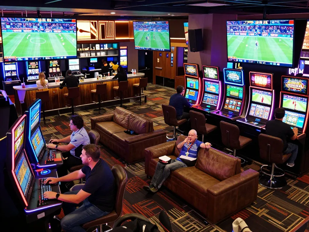 789win users placing bets in a lively sports betting area, engaging with dynamic screens and atmosphere.