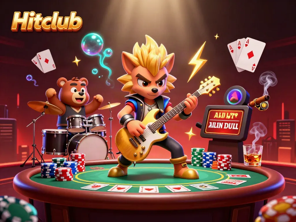 Hitclub showcases intense poker action with a vibrant 3D casino scene, featuring a rock star wolf and a drummer bear.